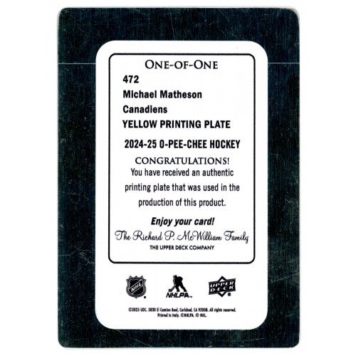 2024-25 O-Pee-Chee Yellow Printing Plate # 472 Michael Matheson 1/1