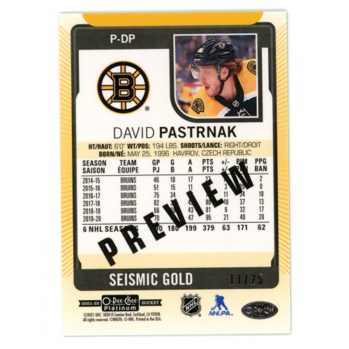 2021-22 O-Pee-Chee Platinum Preview Seismic Gold # P-DP David Pastrnak /25