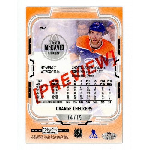 2025-26 O-Pee-Chee Platinum Preview Orange Checkers # P-1 Connor McDavid /15