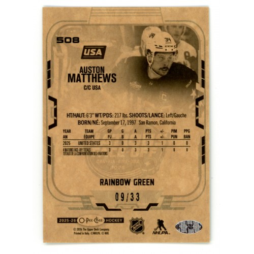 2025-26 O-Pee-Chee Rainbow Green # 508 Auston Matthews /33