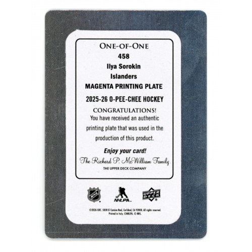 2025-26 O-Pee-Chee Magenta Printing Plate # 458 Ilya Sorokin 1/1
