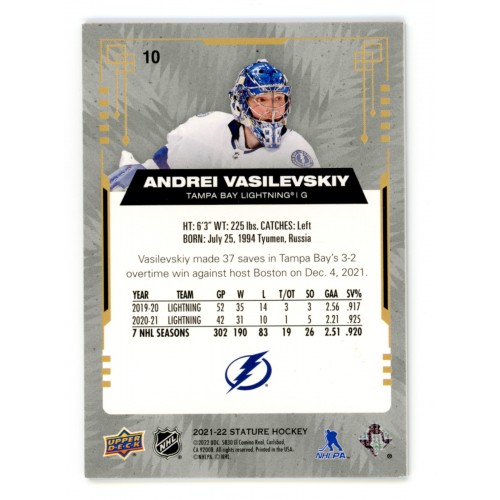 2021-22 Upper Deck Stature Photo Variation Red # 10 Andrei Vasilevskiy /33