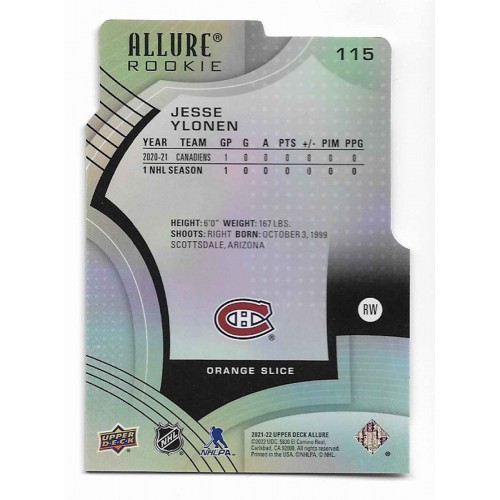 2021-22 Upper Deck Allure Orange Slice # 115 Jesse Ylonen RC