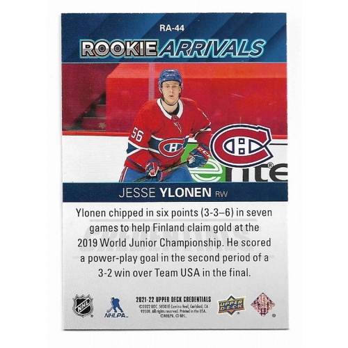 2021-22 Upper Deck Credentials Rookie Arrivals # RA-44 Jesse Ylonen RC