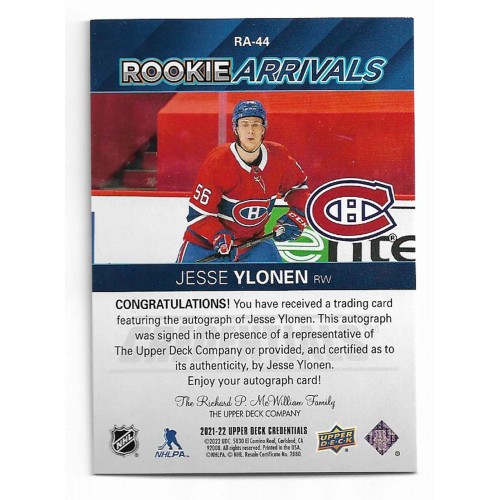 2021-22 Upper Deck Credentials Rookie Arrivals Autographiée # RA-44 Jesse Ylonen RC