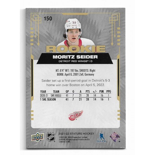 2021-22 Upper Deck Stature Green Photo Variation # 150 Moritz Seider RC