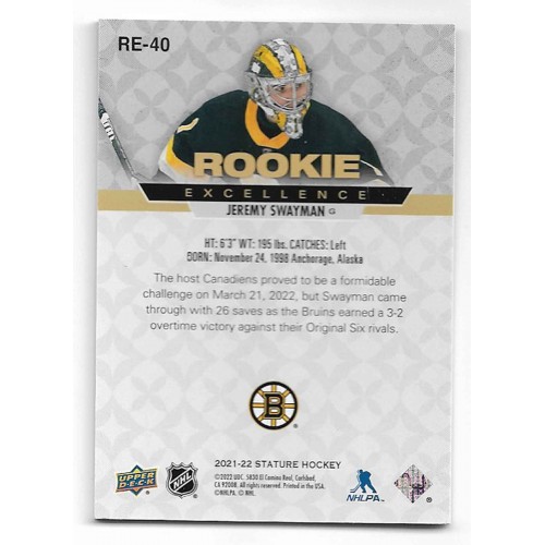 2021-22 Upper Deck Stature Rookie Excellence Pink # RE-40 Jeremy Swayman RC /75
