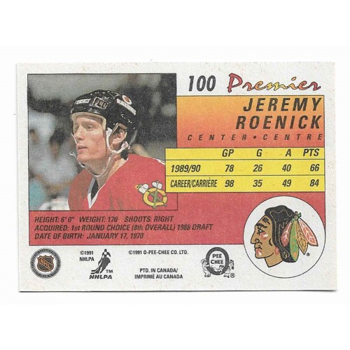 1990-91 O-Pee-Chee Premier # 100 Jeremy Roenick RC