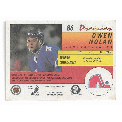 1990-91 O-Pee-Chee Premier # 86 Owen Nolan RC