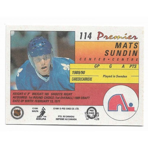 1990-91 O-Pee-Chee Premier # 114 Mats Sundin RC
