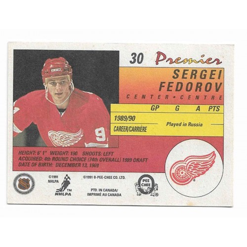 1990-91 O-Pee-Chee Premier # 30 Sergei Fedorov RC