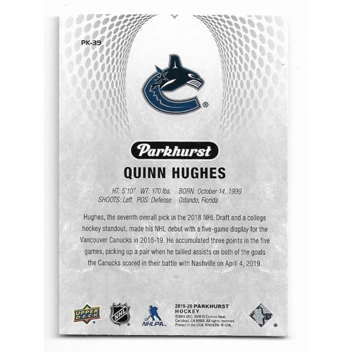 2019-20 Parkhurst Parkies Rookies # PK-39 Quinn Hughes RC