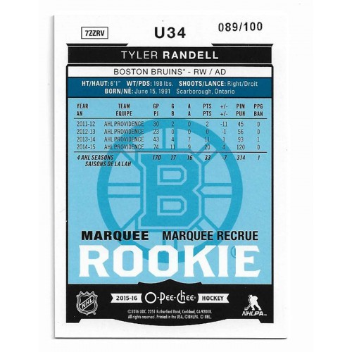 2015-16 O-Pee-Chee Update Black Rainbow Foil # U34 Tyler Randell RC /100