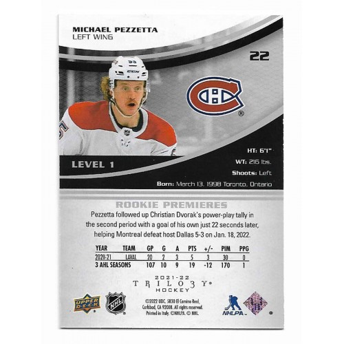 2021-22 Upper Deck Trilogy # 22 Michael Pezzetta RC