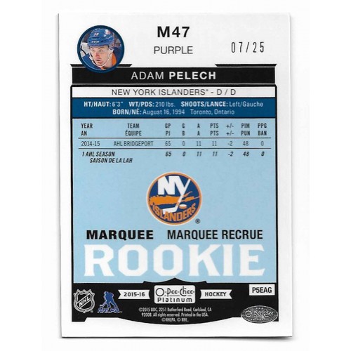 2015-16 O-Pee-Chee Platinum Marquee Rookies Purple # M47 Adam Pelech /25