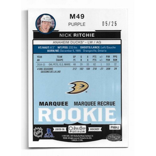 2015-16 O-Pee-Chee Platinum Marquee Rookies Purple # M49 Nick Ritchie /25