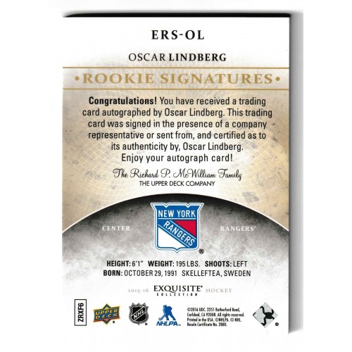 2015-16 UD Exquisite Collection Rookie Signatures # ERS-OL Oscar Lindberg /399