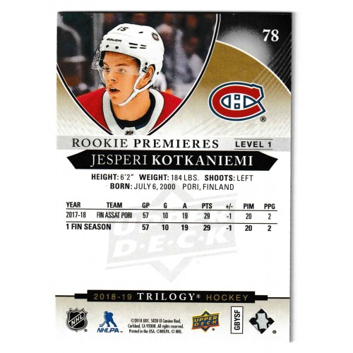 2018-19 Upper Deck Trilogy Rookie Premieres # 78 Jesperi Kotkaniemi RC /999