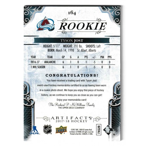 2017-18 UD Artifacts Rookie Jersey # 164 Tyson Jost RC /499