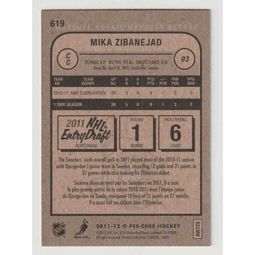 2011-12 O-Pee-Chee # 619 Mika Zibanejad RC