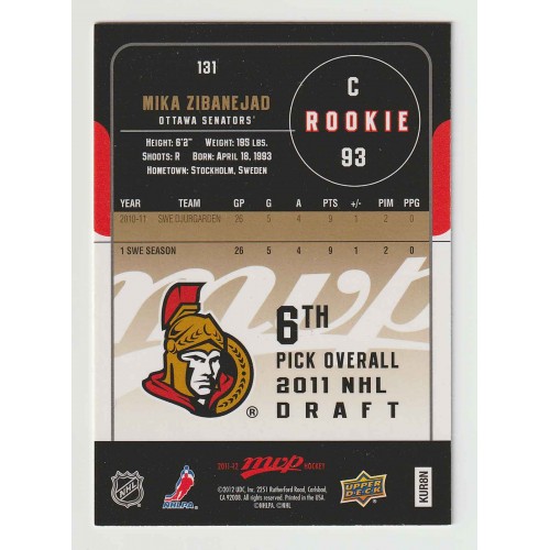 2011-12 Upper Deck MVP # 131 Mika Zibanejad RC