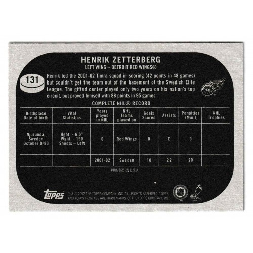 2002-03 Topps Heritage # 131 Henrik Zetterberg RC