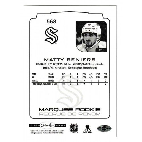 2022-23 O-Pee-Chee Rainbow Foil # 568 Matty Beniers RC /350