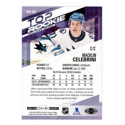 2024-25 O-Pee-Chee Top Rookie Bounty Award Black Border # BA-CE Macklin Celebrini RC /100