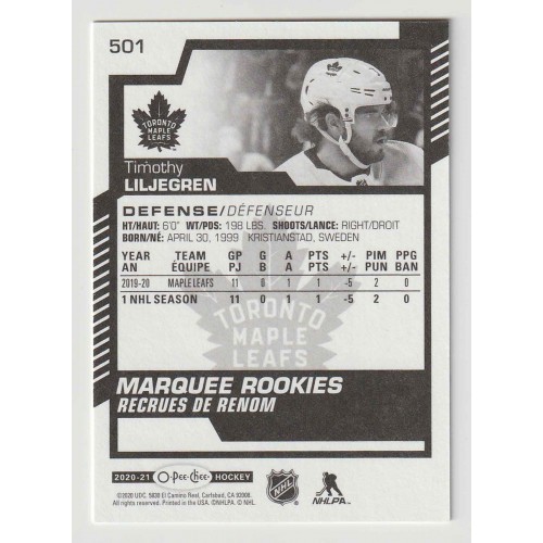 2020-21 O-Pee-Chee Black and White Variation # 501 Timothy Liljegren RC