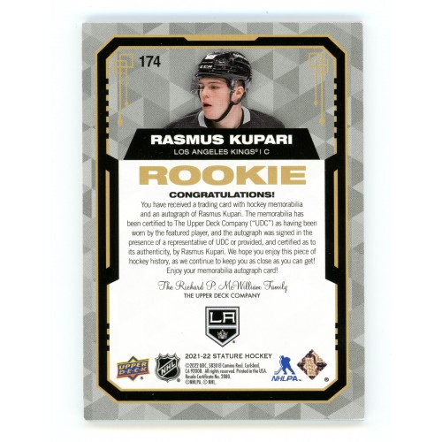 2021-22 Upper Deck Stature Base Design Variant Auto Material RED # 174 Rasmus Kupari RC /6