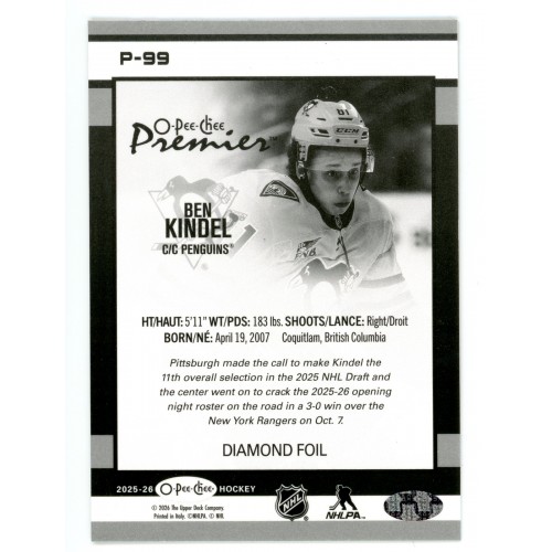2025-26 O-Pee-Chee Premier Diamond Foil # P-99 Ben Kindel RC /75