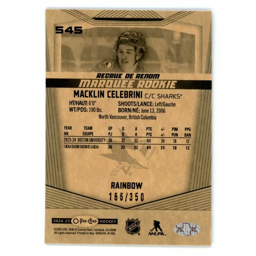 2024-25 O-Pee-Chee Rainbow # 545 Macklin Celebrini RC /350