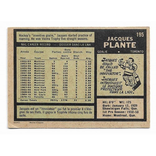 1971-72 O-Pee-Chee # 195 Jacques Plante