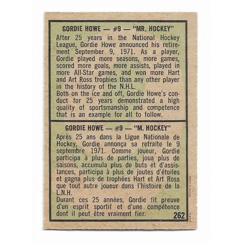1971-72 O-Pee-Chee # 262 Gordie Howe ''Mr Hockey''
