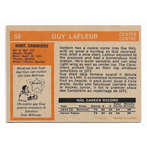 1972-73 O-Pee-Chee # 59 Guy Lafleur 1972-73 O-Pee-Chee # 59 Guy Lafleur