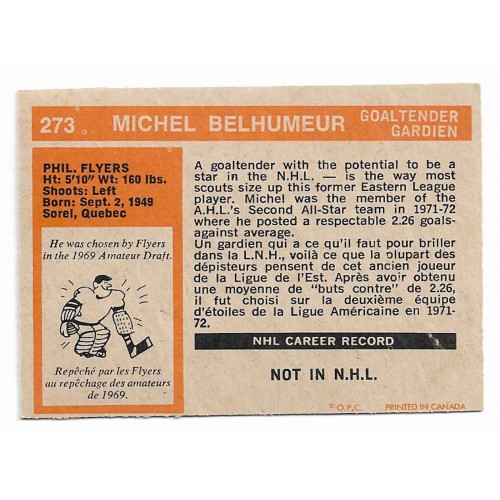 1972-73 O-Pee-Chee # 273 Michel Belhumeur RC