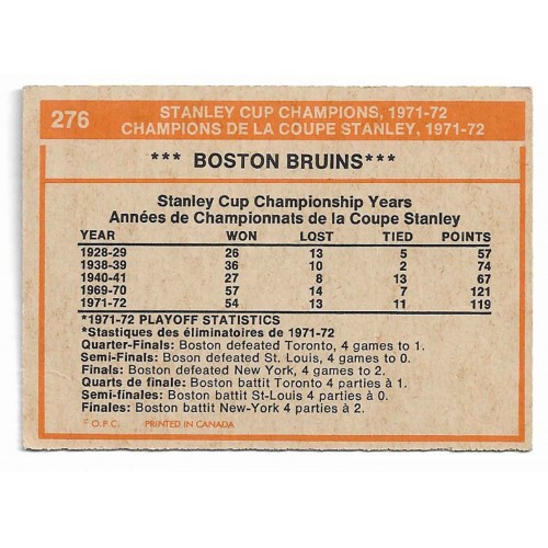 1972-73 O-Pee-Chee # 276 Bruins Stanley Cup Champs
