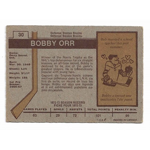 1973-74 O-Pee-Chee # 30 Bobby Orr 1973-74 O-Pee-Chee # 30 Bobby Orr