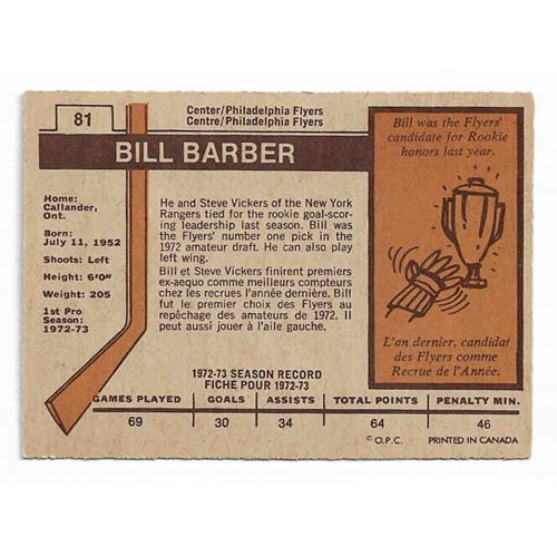 1973-74 O-Pee-Chee # 81 Bill Barber RC