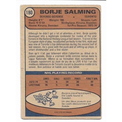 1974-75 O-Pee-Chee # 180 Borje Salming RC 1974-75 O-Pee-Chee # 180 Borje Salming RC