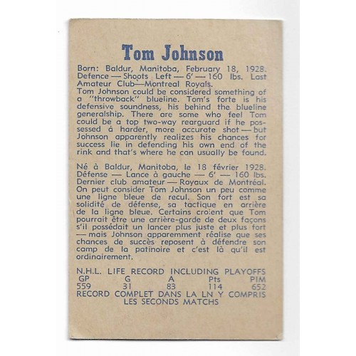 1957-58 Parkhurst Canadiens de Montréal # 6 Tom Johnson