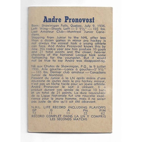 1957-58 Parkhurst Canadiens de Montréal # 7 André Pronovost RC