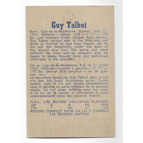 1957-58 Parkhurst Canadiens de Montréal # 9 Jean-Guy Talbot 1957-58 Parkhurst Canadiens de Montréal # 9 Jean-Guy Talbot