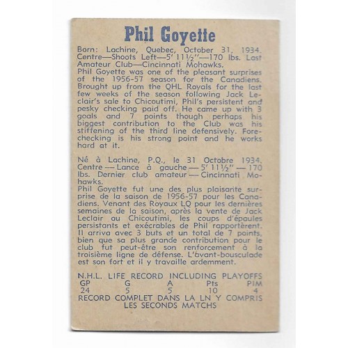 1957-58 Parkhurst Canadiens de Montréal # 11 Phil Goyette RC