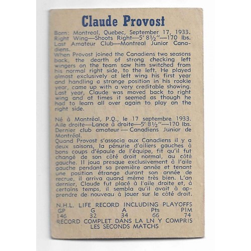 1957-58 Parkhurst Canadiens de Montréal # 12 Claude Provost RC 1957-58 Parkhurst Canadiens de Montréal # 12 Claude Provost RC