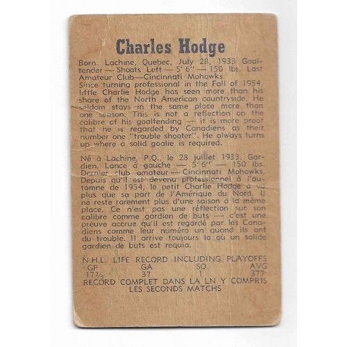 1957-58 Parkhurst Canadiens de Montréal # 17 Charlie Hodge RC