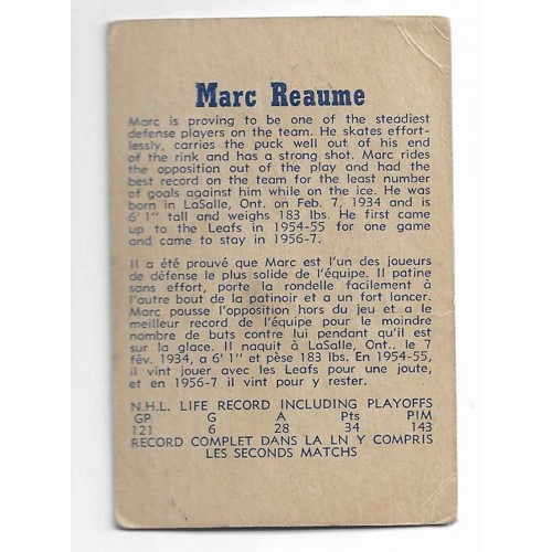 1957-58 Parkhurst Maple Leafs de Toronto # 12 Marc Reaume