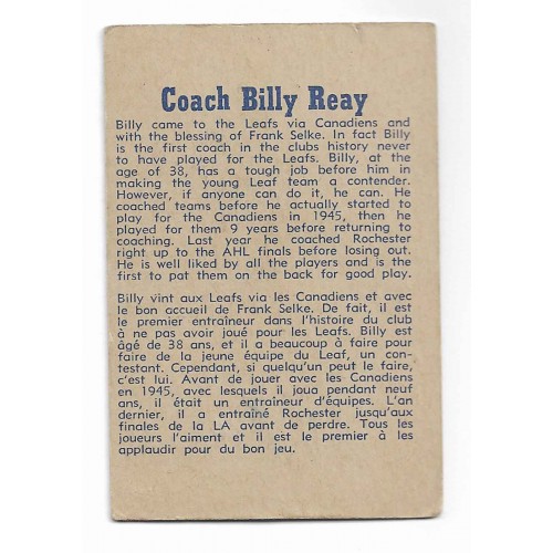 1957-58 Parkhurst Maple Leafs de Toronto # 25 Billy Reay 1957-58 Parkhurst Maple Leafs de Toronto # 25 Billy Reay