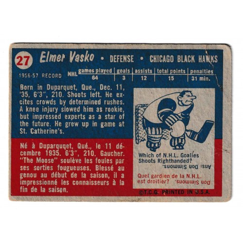 1957-58 Topps # 27 Elmer Vasko RC