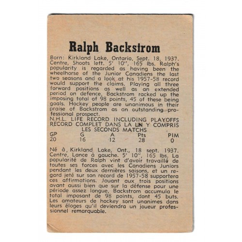 1958-59 Parkhurst # 16 Ralph Backstrom RC